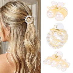 CAKURE front view of three white pearl clips showing elegant compact look and versatility