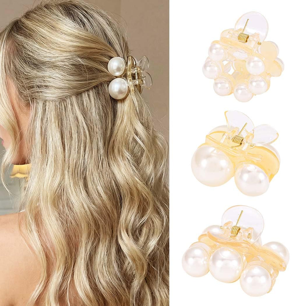 CAKURE front view of three white pearl claw clips showing elegant design and convenience