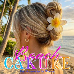 CAKURE plumeria clip in beach lifestyle scene showing summery look and travel-ready benefits