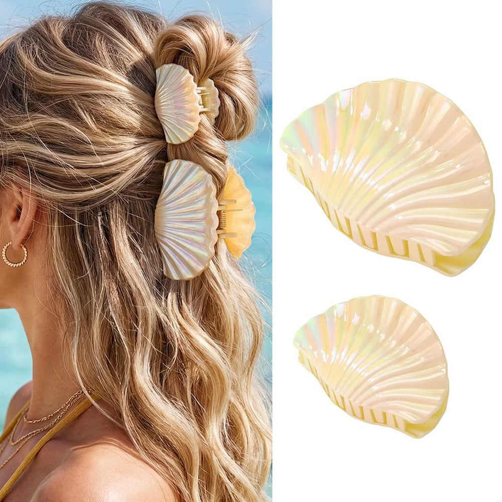 CAKURE iridescent shell clip front view showing glossy finish and seashell shape for playful styling