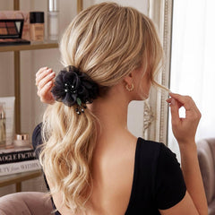 CAKURE black and champagne scrunchies flat lay showing color options