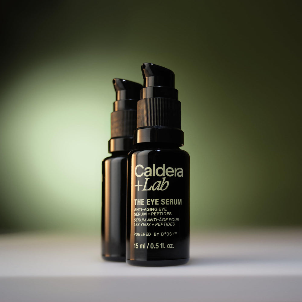 Caldera + Lab bottle next to coin showing compact size for grooming routines