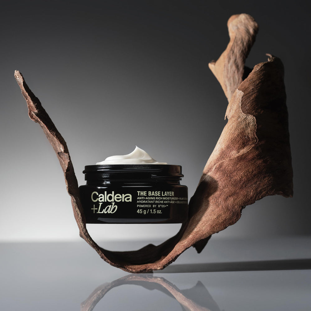 Caldera + Lab jar beside botanical ingredients emphasizing natural antioxidant benefits