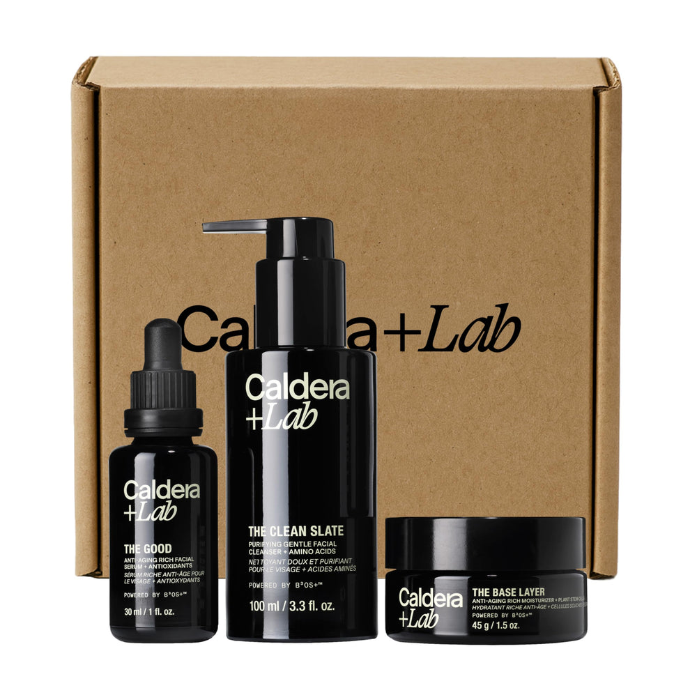 Caldera + Lab front packaging showing trio and clean design benefits routine clarity
