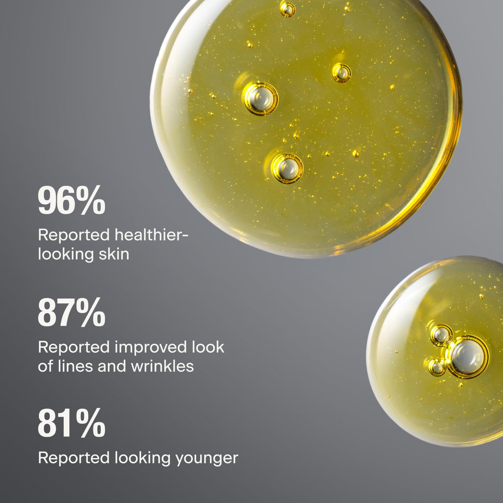Caldera + Lab dropper releasing serum highlighting fast-absorbing texture benefit