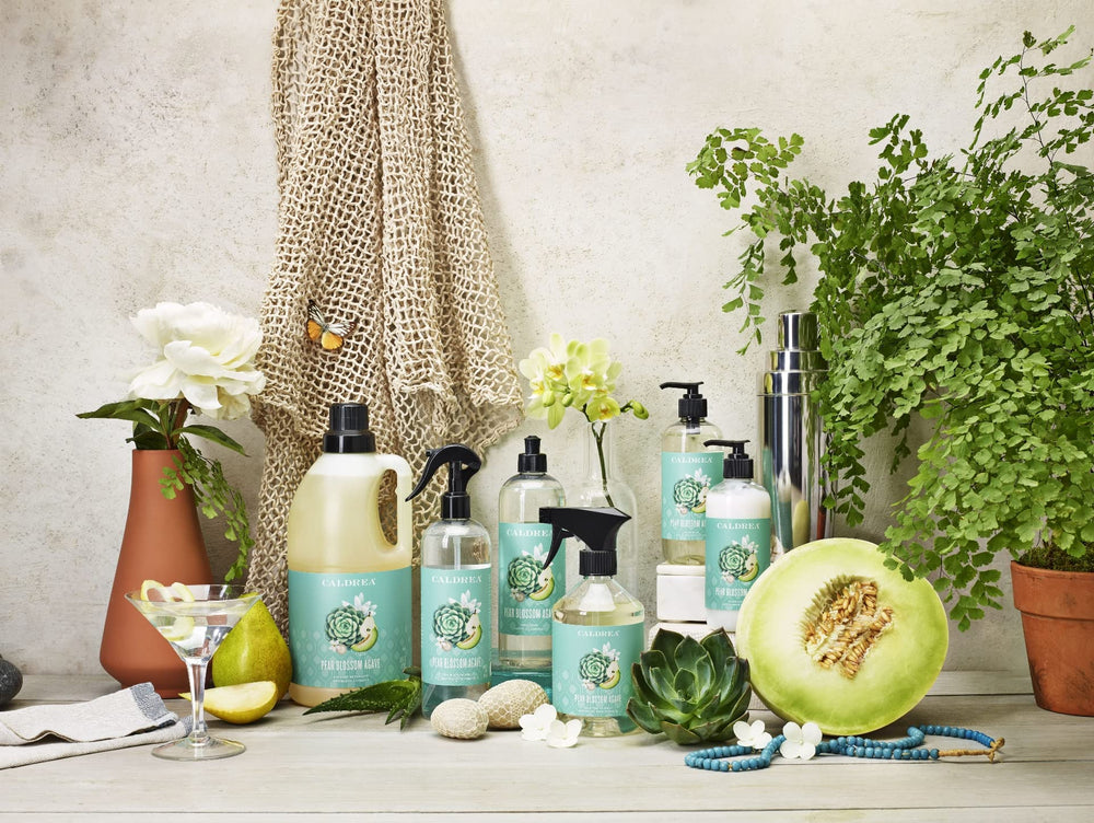 Caldrea bottle staged in bathroom for a fresh, spa-like atmosphere