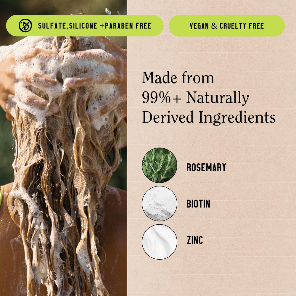 California Naturals Re:GRO rosemary sprig and bottle highlighting natural botanicals and scalp support