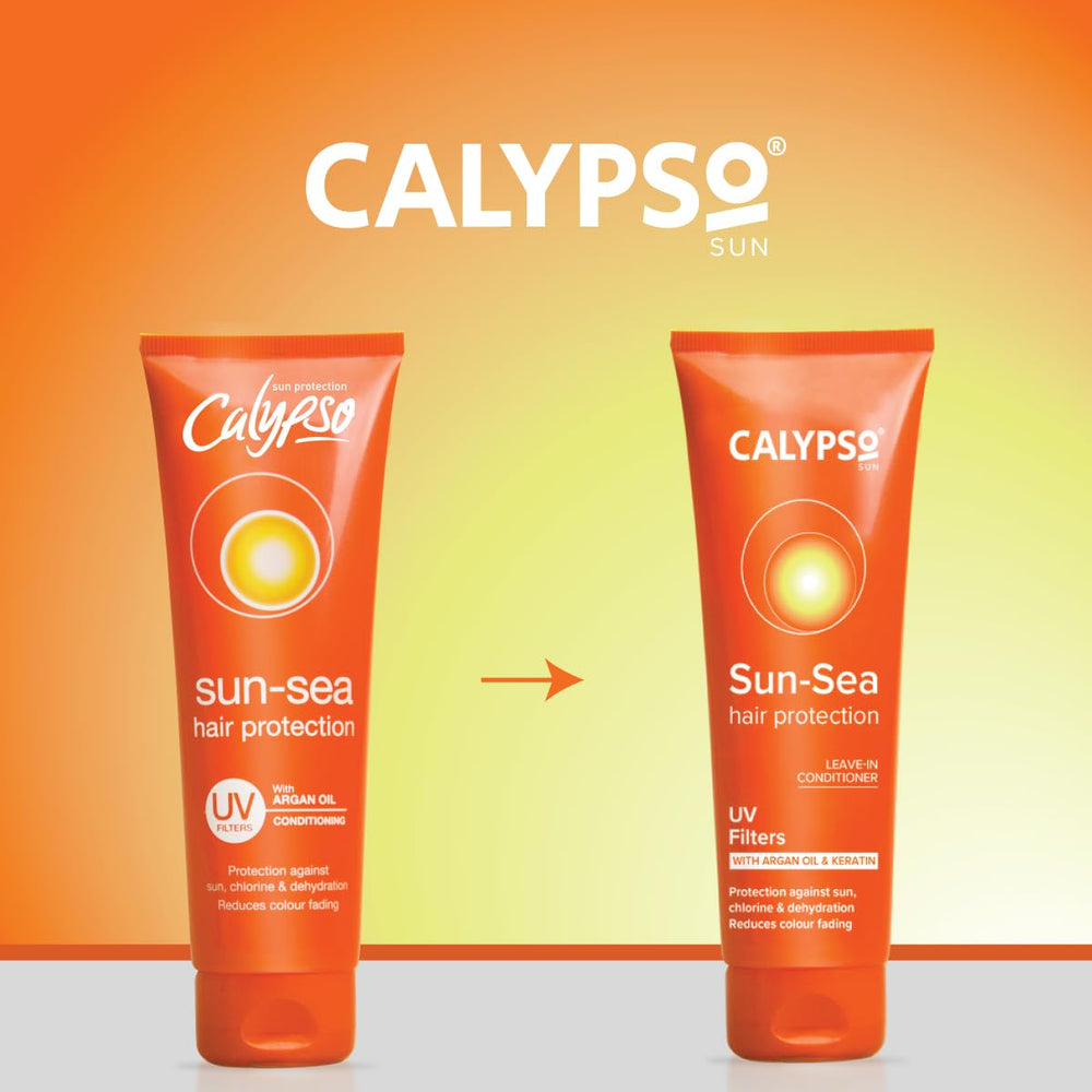 Calypso label closeup highlighting UV filters and protection benefits