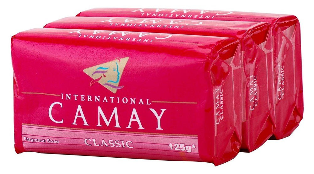 Camay Classic front packaging showing three bars and fresh fruit scent, refreshing cleanse