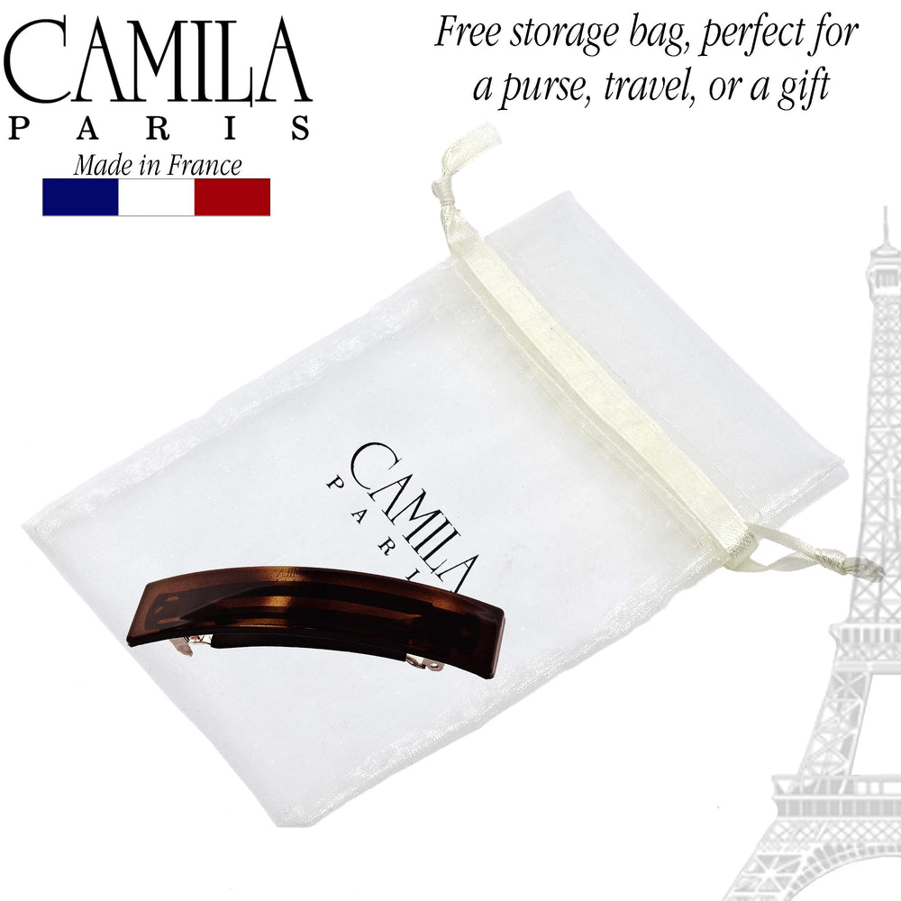 Camila barrette beside ruler illustrating 3.6-inch size for coverage and control