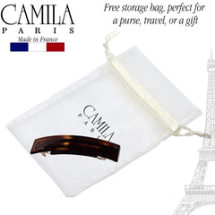 Camila barrette beside ruler illustrating 3.6-inch size for coverage and control