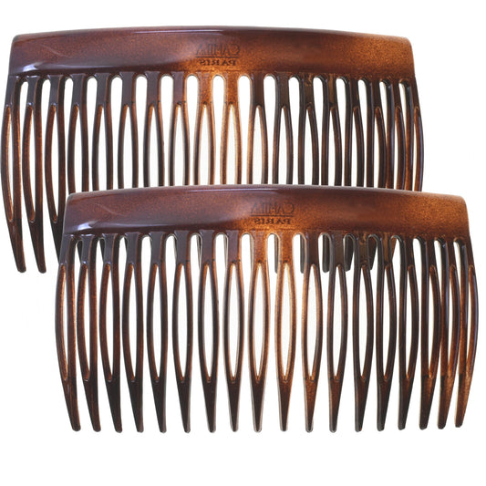 Camila Paris front view of comb pair showing polished finish and elegant tortoise pattern for refined hold
