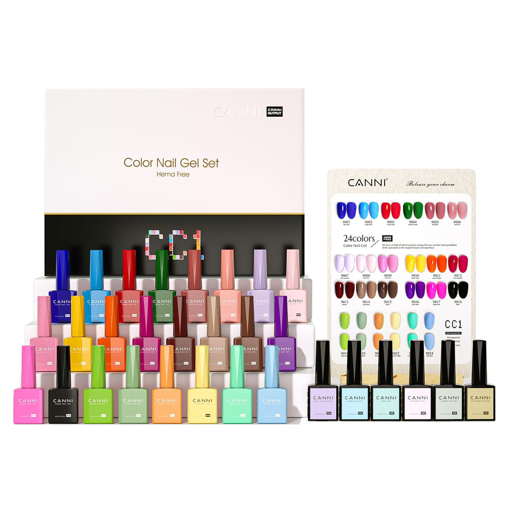 CANNI front packaging showing 30-piece gel kit and colorful bottles, clear selection benefit