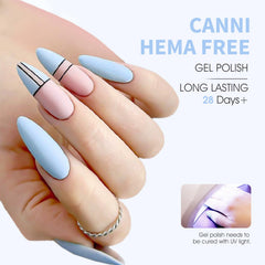 CANNI nail swatch on hand demonstrating salon-quality pastel finish and durability benefit