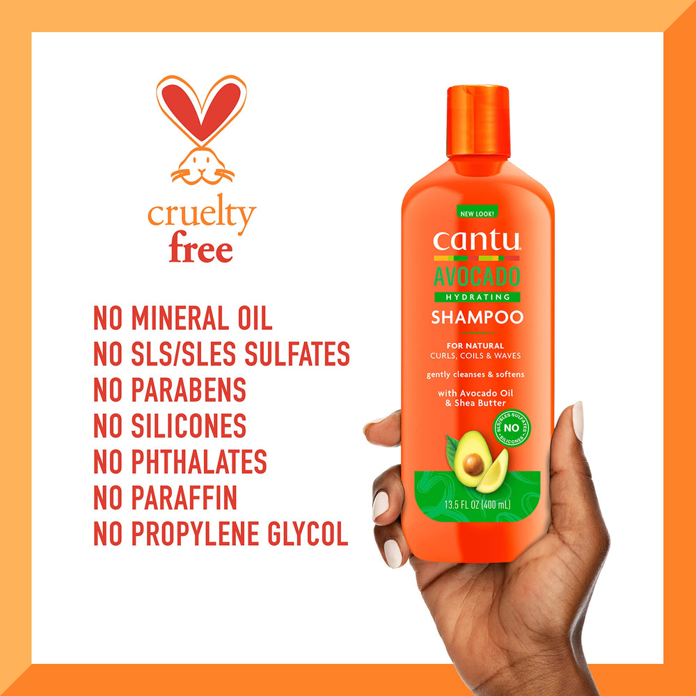 Cantu bottle with avocado and shea butter showing natural ingredients
