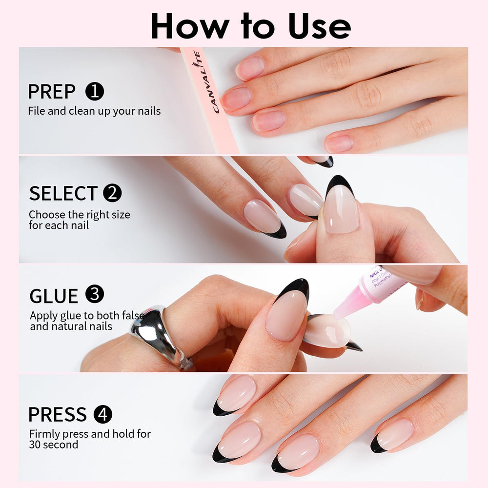 CANVALITE finished manicure on model highlighting polished black French look