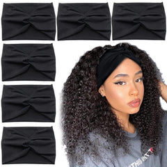 Carede front view of six black headbands showing neat knot and sleek finish, versatile styling benefit