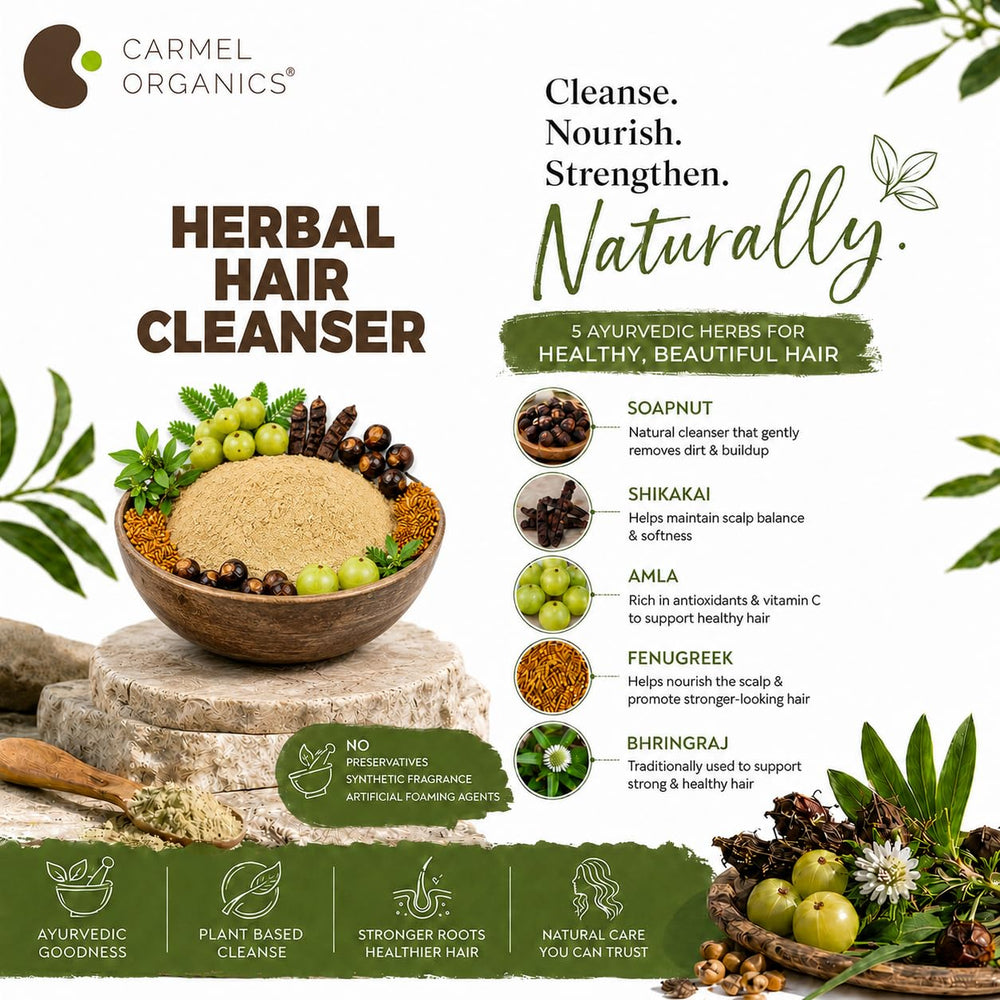 CARMEL ORGANICS powder held in palm to demonstrate 8 ounce size and single-use portioning