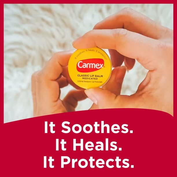 Carmex tub next to a coin for size comparison and travel-friendly benefit
