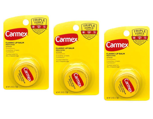 Carmex tub front view showing compact medicated balm for on-the-go relief