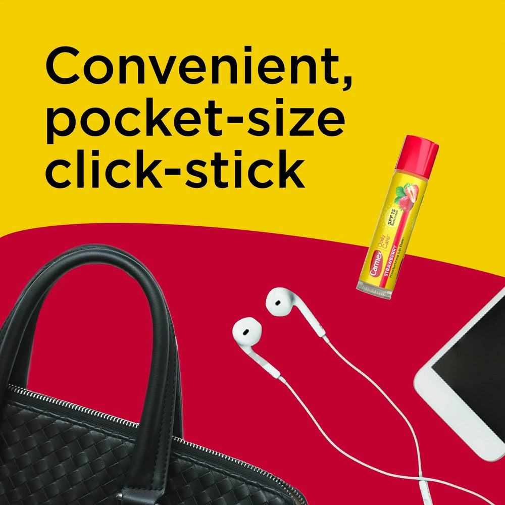 Carmex on a beach towel in lifestyle scene suggesting outdoor sun care use