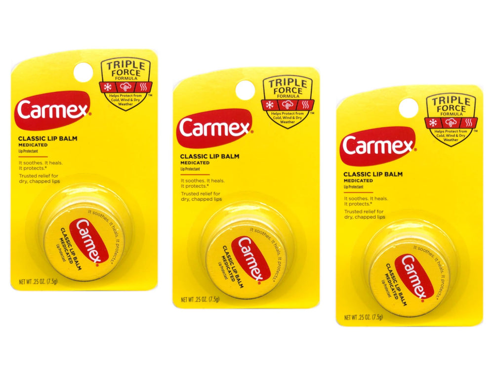 Carmex original pot front packaging showing brand and compact size, convenient for travel