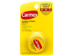 Carmex original pot texture closeup revealing smooth waxy balm for lasting moisture
