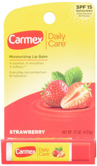 Carmex strawberry lip balm front packaging showing three sticks for easy storage and protection