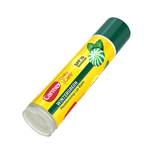 Carmex wintergreen stick front showing compact tube and protective cap for on-the-go use