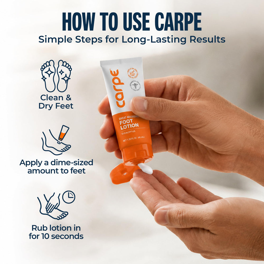 Carpe being applied between toes to target sweat and reduce friction