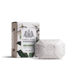 Caswell-Massey front packaging showing gardenia soap and elegant branding benefits presentation