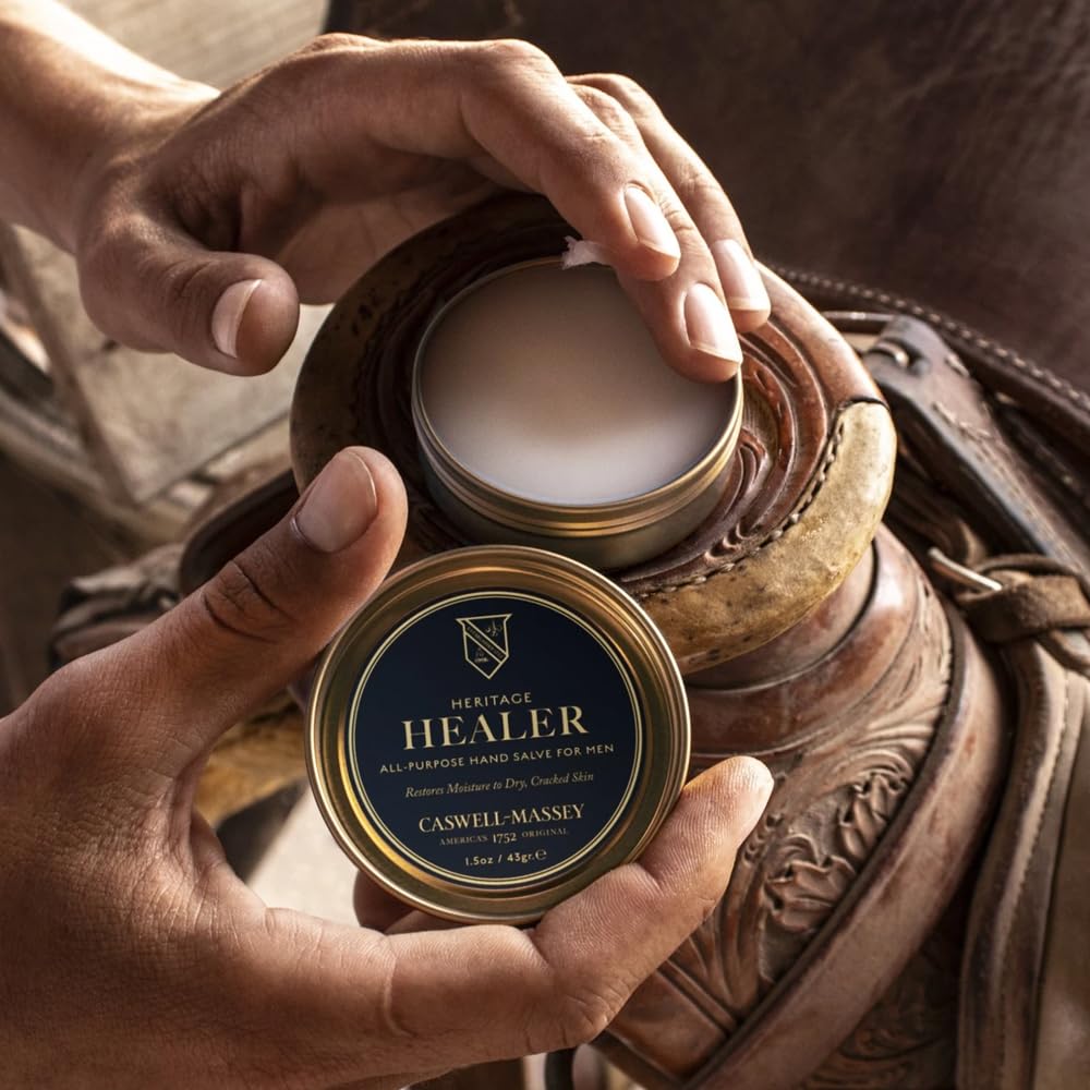 Caswell-Massey Healer tin inside toiletry bag showing convenient everyday grooming use