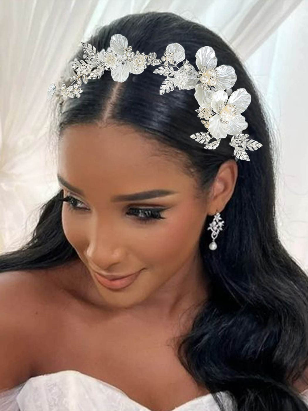 Catery front view of headband showing full floral design and silver vine, elegant accent
