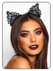 Catery front view of black lace cat ears headband showcasing shape and shine
