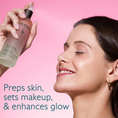Close-up of Caudalie spray nozzle delivering an even mist for quick hydration