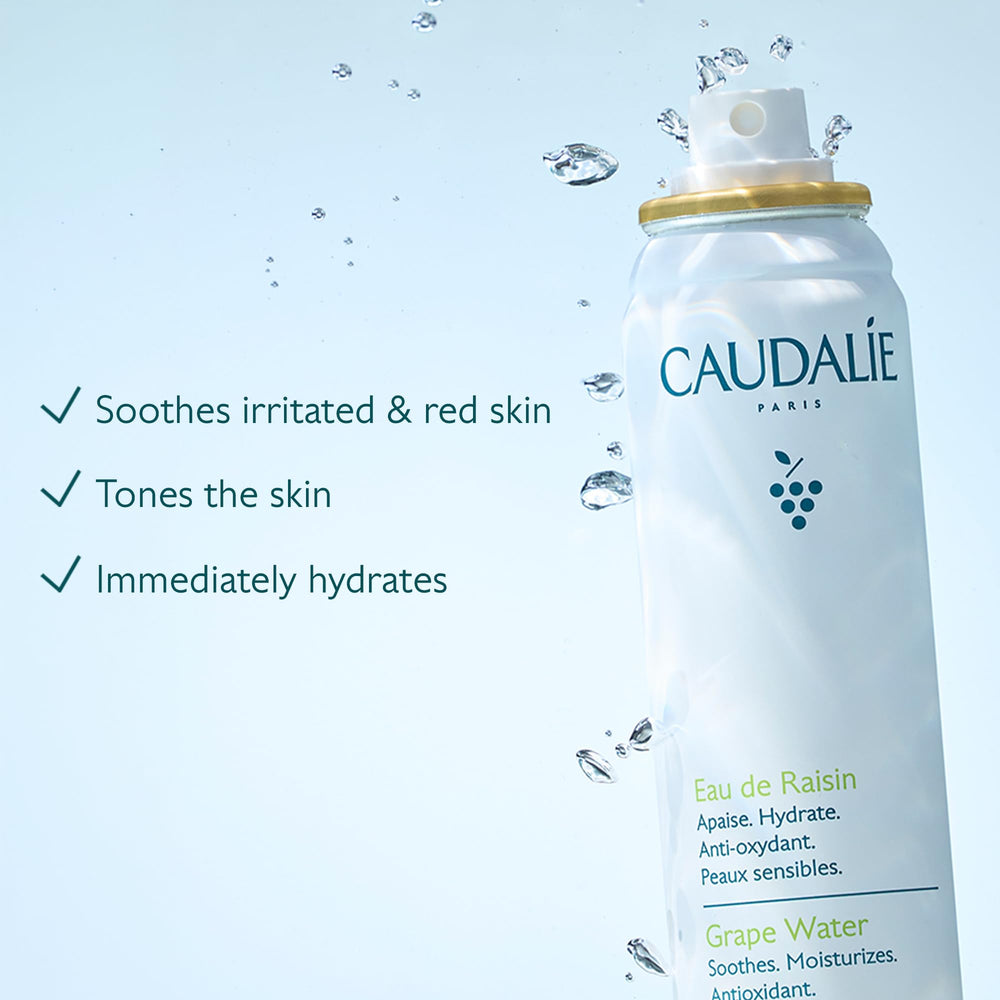 Caudalie grape water mist spray closeup demonstrating even fine spray distribution