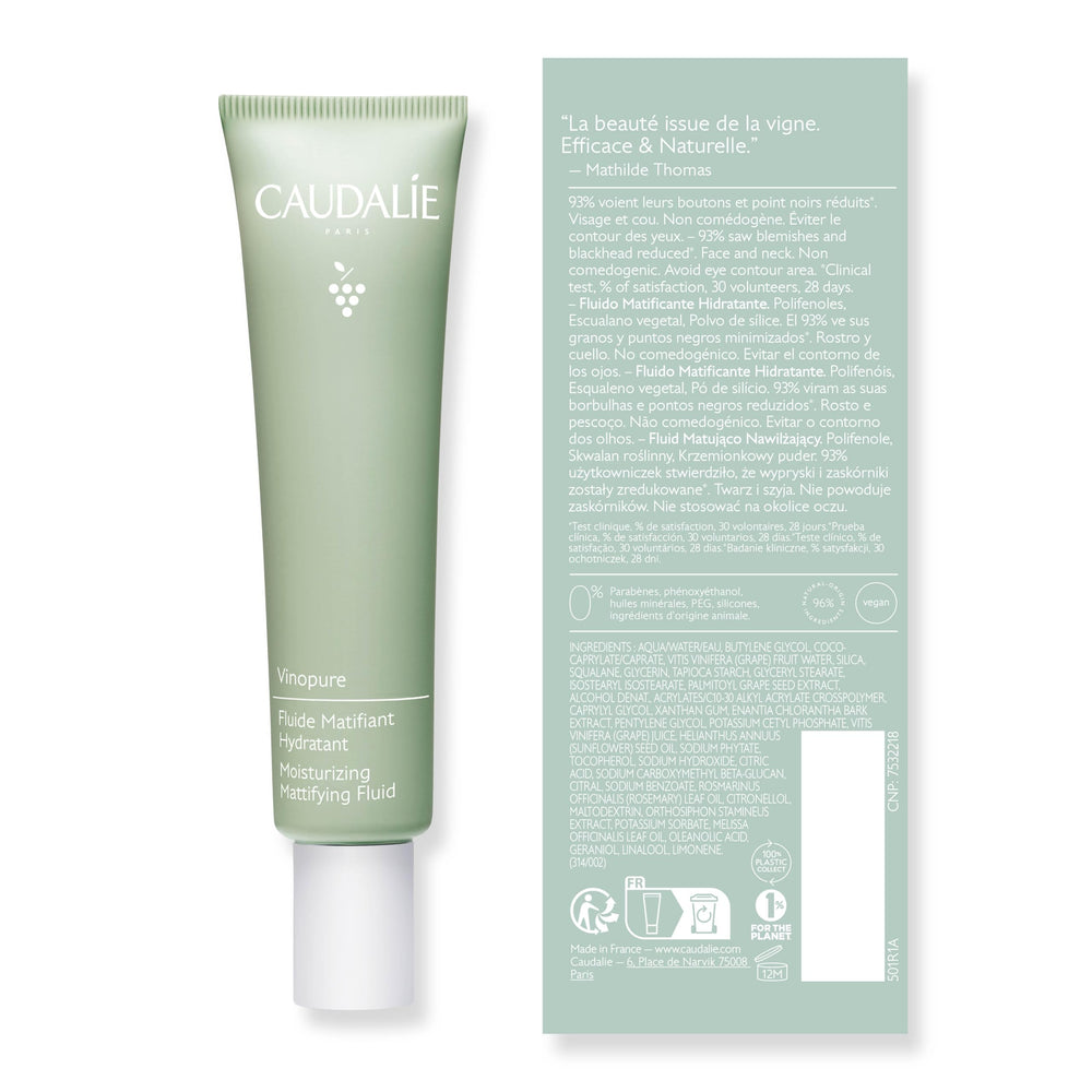 Caudalie Vinopure label detail focusing on key claims and usage directions