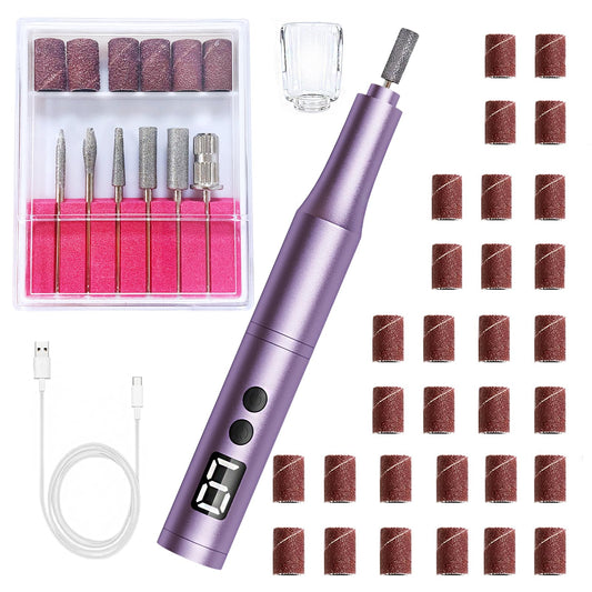 CBVCBV cordless nail drill kit front view showing contents and purple handpiece for convenience