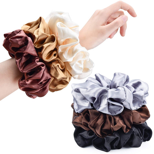 CEELGON front view of six large satin scrunchies showing neutral pack