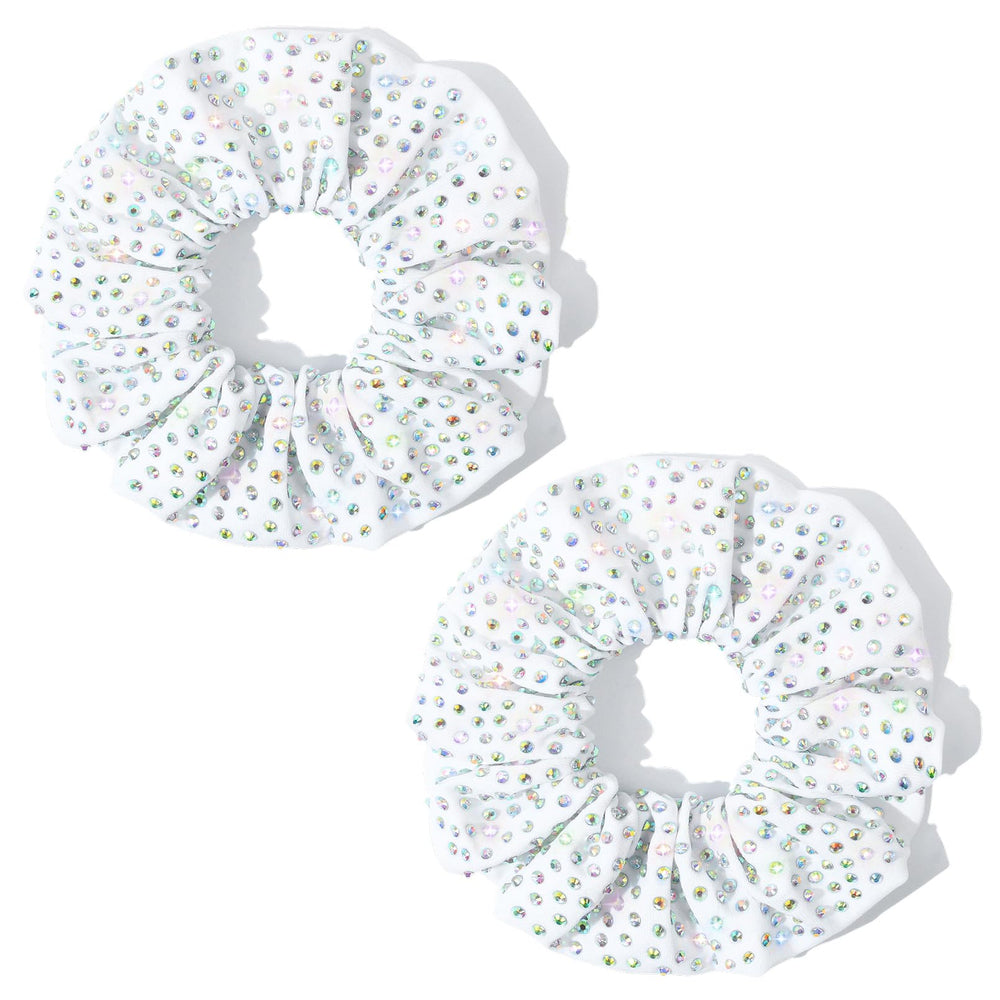 CEELGON front view of white rhinestone scrunchie showing sparkle