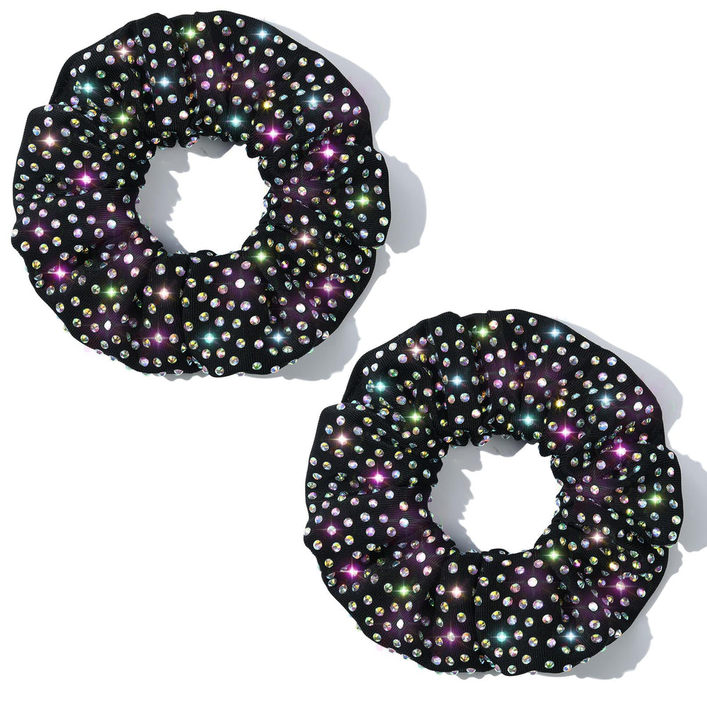 CEELGON front view of black rhinestone scrunchie showing full sparkle and shape benefit: stage visibility