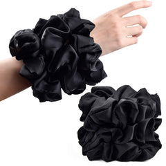 CEELGON front view of black scrunchie showing smooth satin and roomy hold