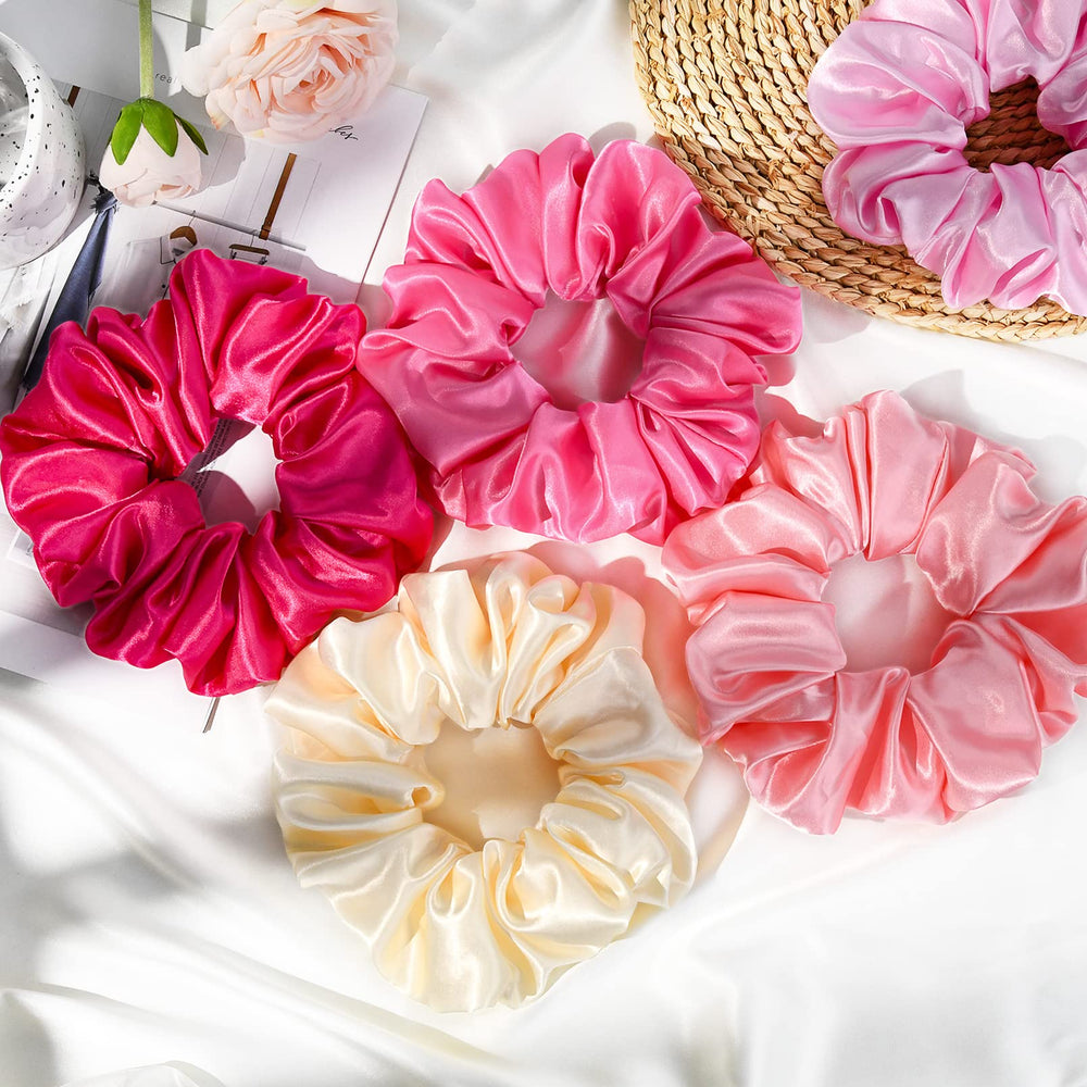 CEELGON six pink scrunchies arranged flat demonstrating color set and everyday versatility