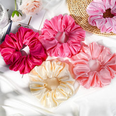 CEELGON six pink scrunchies arranged flat demonstrating color set and everyday versatility