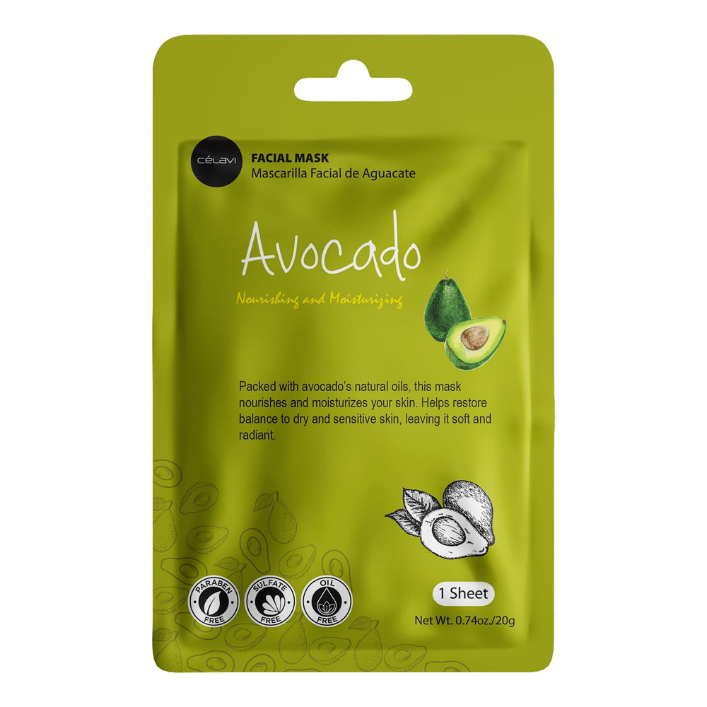 Celavi Cosmetics avocado mask sheet unfolded to show full facial coverage