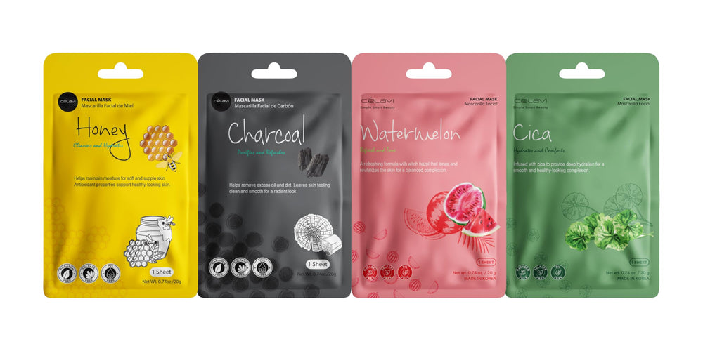 Celavi neatly laid out individual mask sachets to highlight variety and quick use