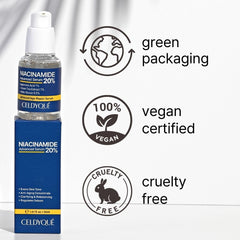 CELDYQUE ingredient label close-up, emphasizes high niacinamide strength
