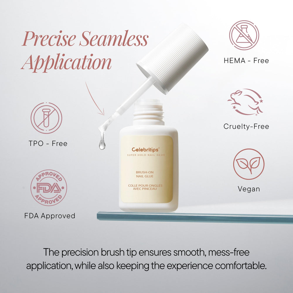 Celebritips application demo on press-on nail showing quick secure adhesion benefit