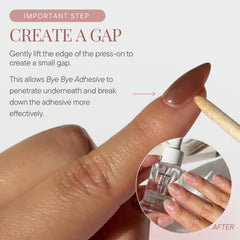 Hand using Celebritips remover on press-on nails demonstrating safe, damage-free removal benefit