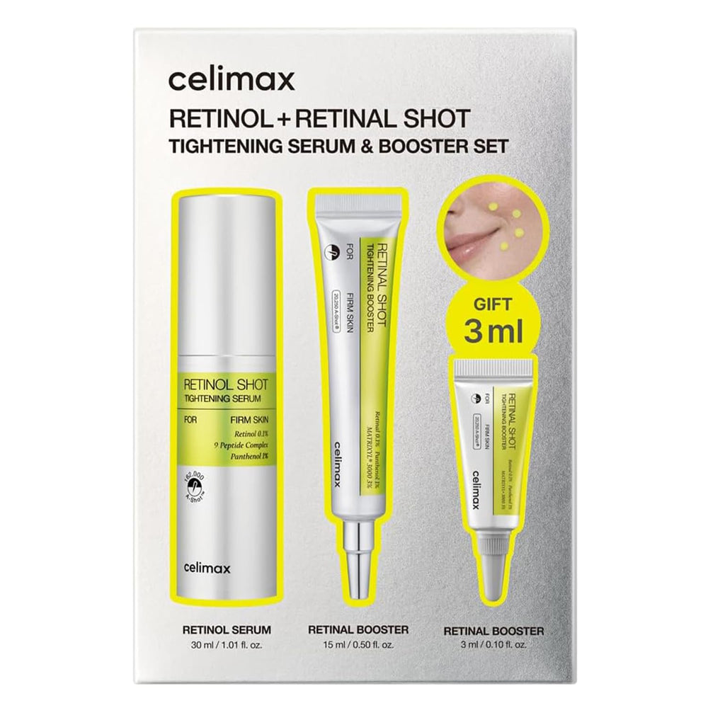 celimax retinol serum front packaging showing full-size bottle and benefits